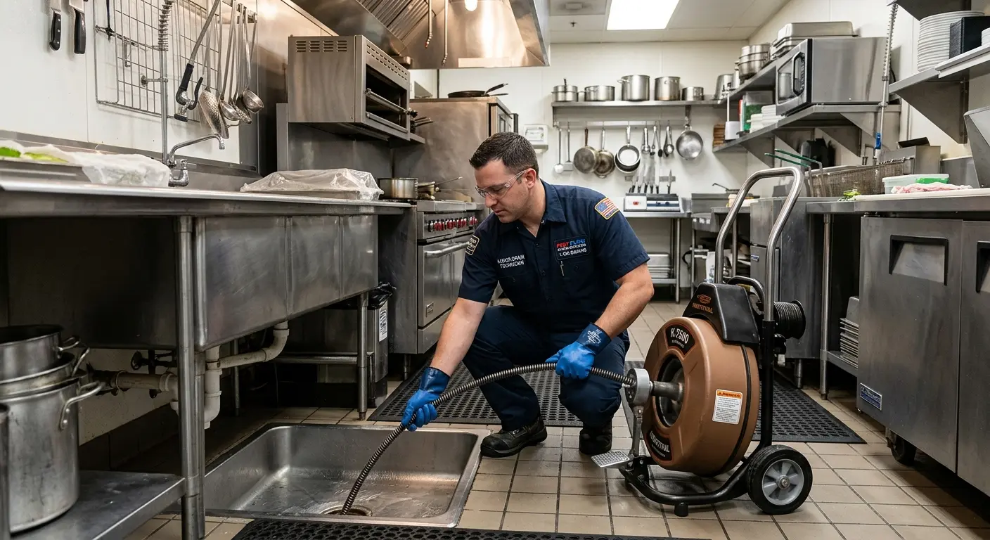 Commercial drain cleaning service in a restaurant kitchen in Mukilteo