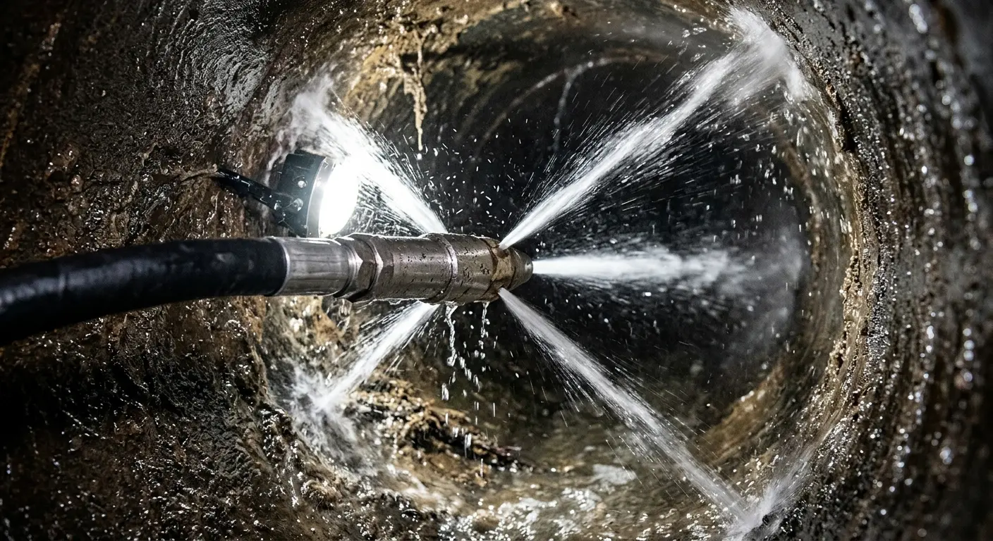 High-pressure hydro jetting nozzle cleaning sewer pipe for Sewer Cleanout in Mukilteo