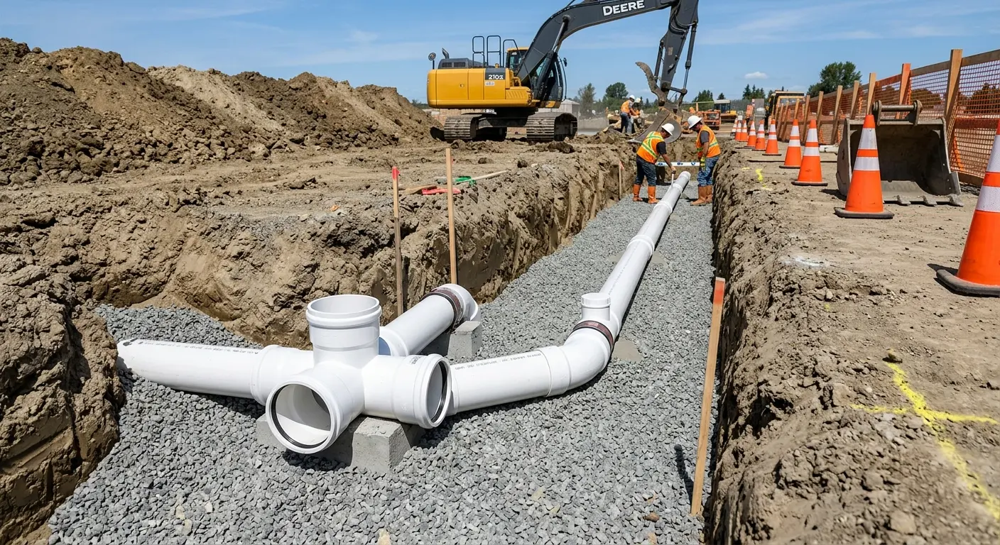 New PVC sewer pipe installation in open trench for Sewer Backup in Mukilteo