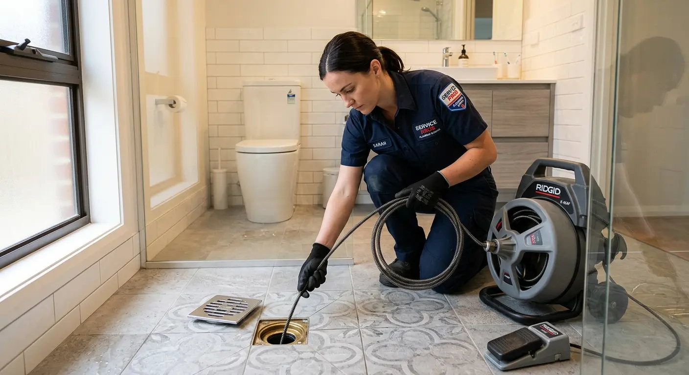 Technician clearing a bathroom floor drain for Drain Cleaning in Mukilteo